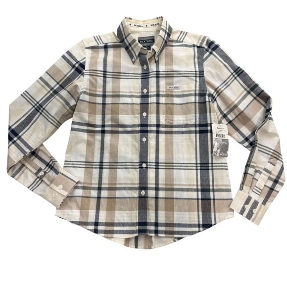 Rockies Shirt Womens M Western Plaid Tan‎ Navy Button Up Long Sleeve Cowgirl NWT - Picture 1 of 8